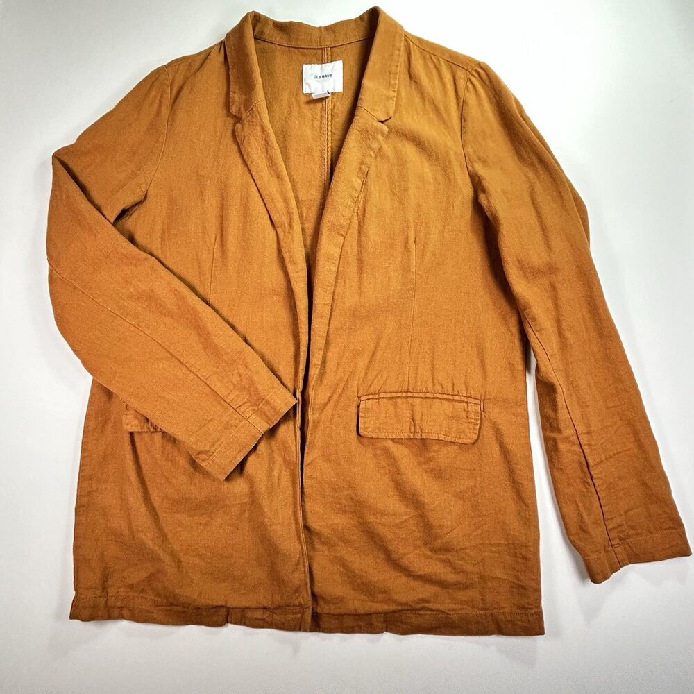 Old Navy Linen Blazer Womens Med Burnt Orange Open Front Lightweight Jacket
